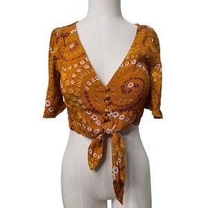 Forever 21 Mustard Yellow Floral Tie Front Crop Top Short Sleeve Small